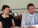 Herbert Scheibner, the new member of the Praesidium of the Austrian Convention, with Katharina Peschko-Gruber in the meeting of the Praesidium on 24 August 2004.